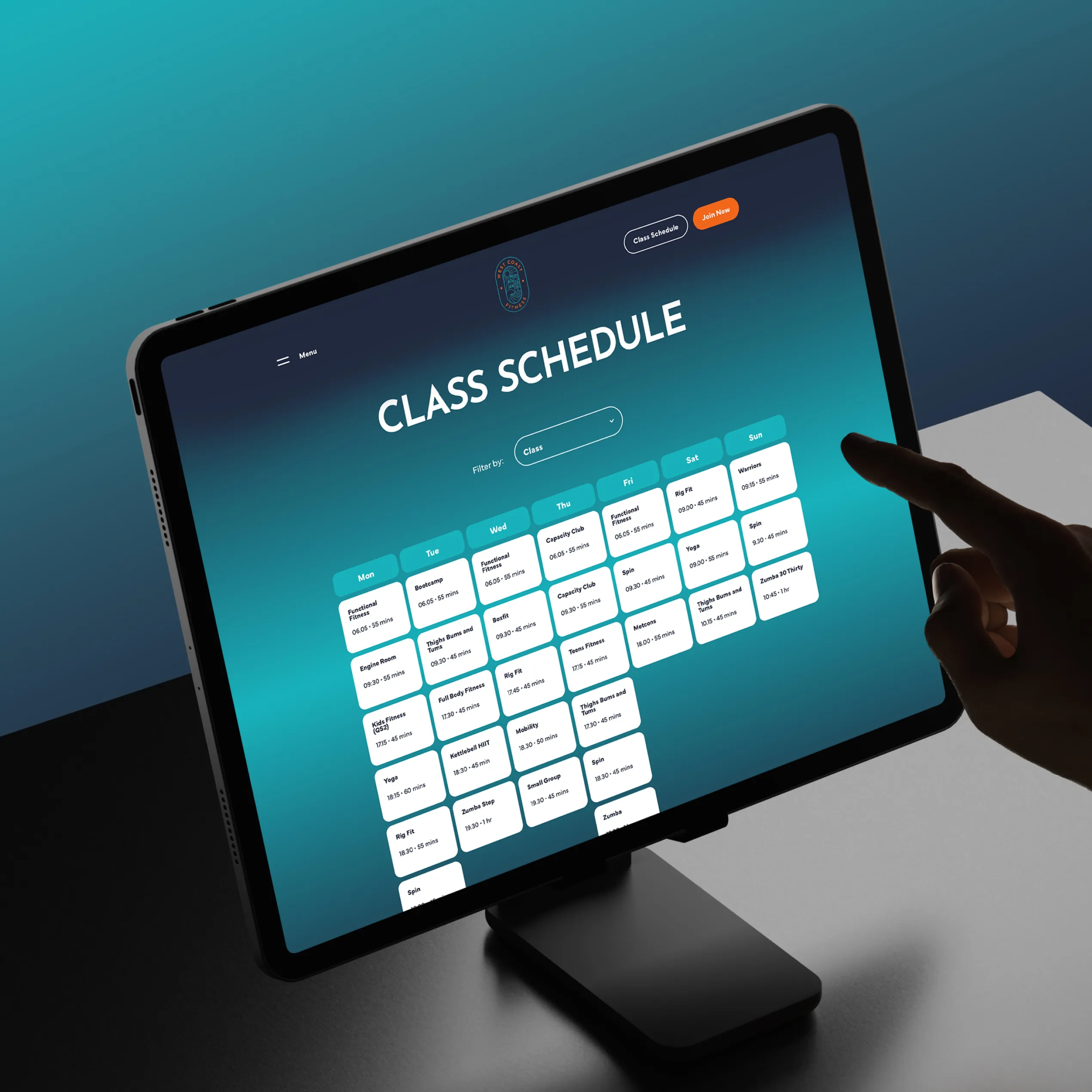 West Coast Fitness class schedule displayed on a tablet, designed and developed by DotPerformance for the Peel community fitness centre on the Isle of Man